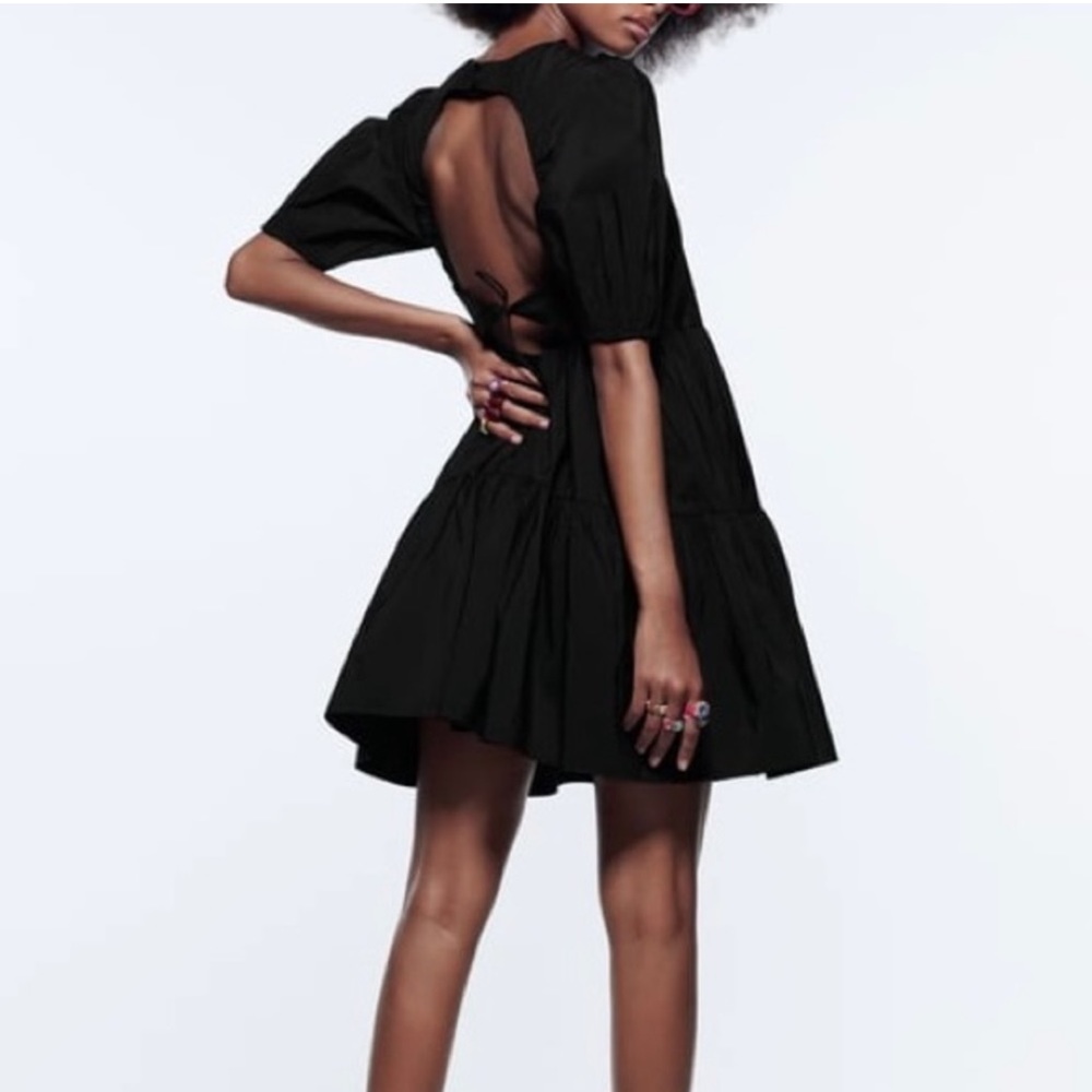 ZARA Puff Sleeve Open Back Poplin Tiered Mini Dress, Black, Size L